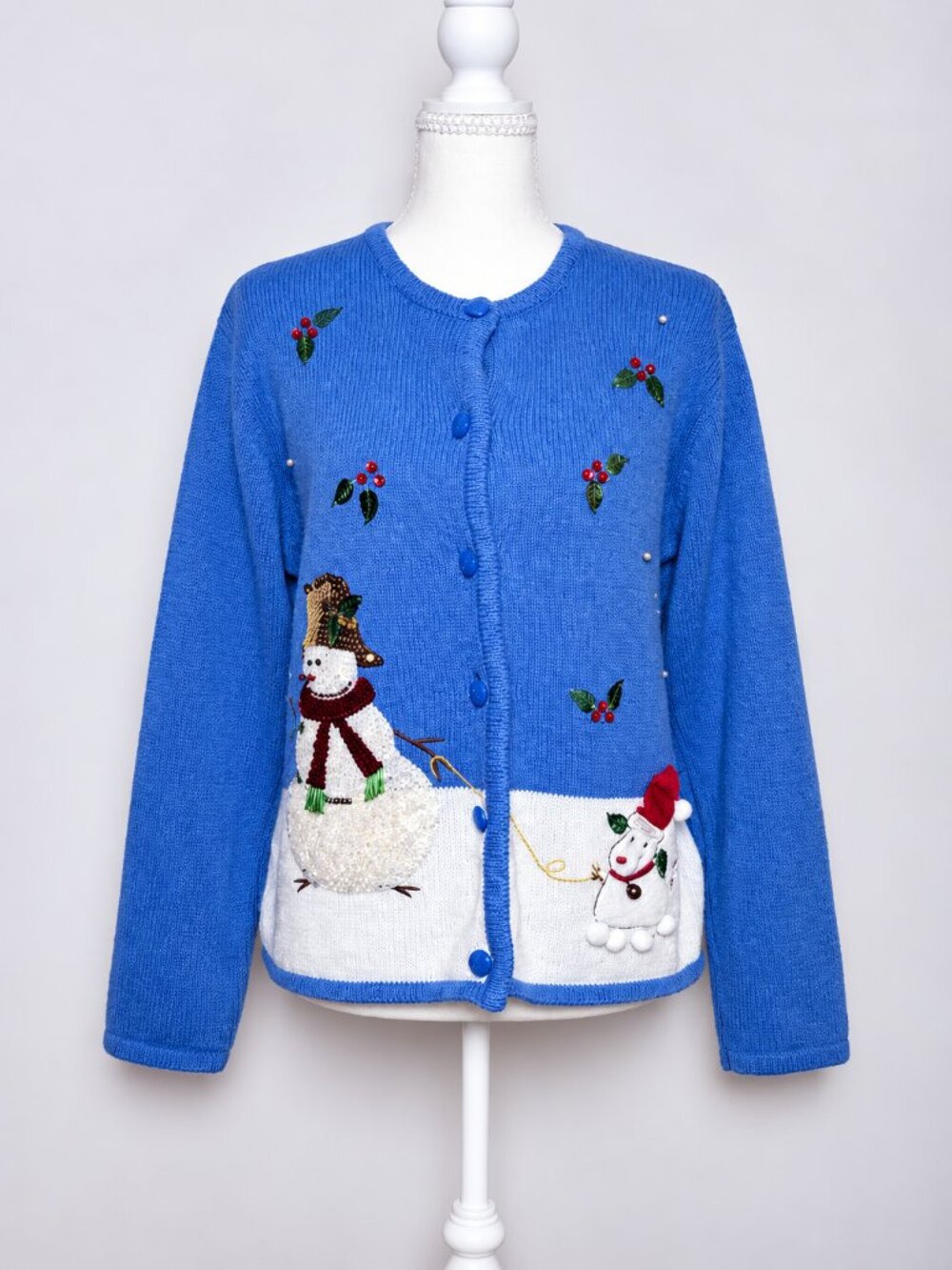 Vintage Crystal Kobe Snowman Sequin Christmas Cardigan Sweater Blue S
